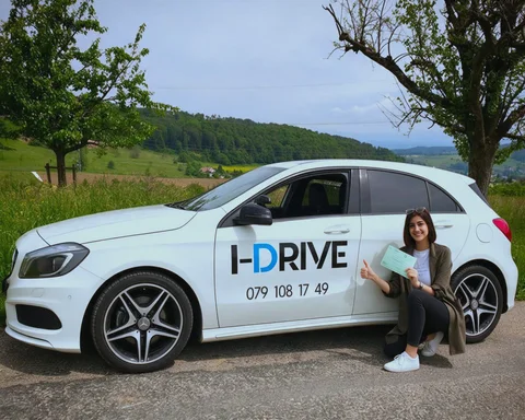 Glückliche Fahrschülerin mit Bestätigung vor dem Ausbildungsfahrzeug